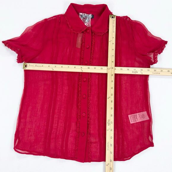 J Crew Women's Sheer Lace Trim Button Up Shirt Size 0 Red Short Sleeve - Picture 14 of 16